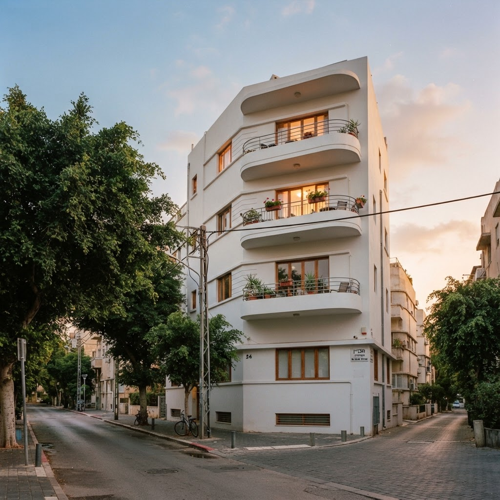 בניין באוהאוס לבן במרכז תל אביב ביום שישי בערב